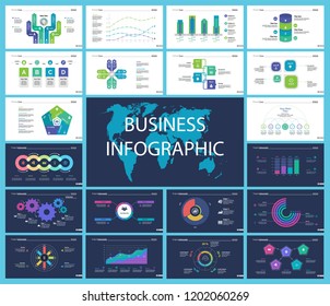 Business presentation slide template design set can be used for workflow layout, annual report, web design. Management concept. Line chart, bar graph, option chart, process chart, flowchart