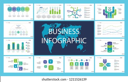 Business presentation slide template design set can be used for workflow layout, annual report, web design. Management concept. Line chart, bar graph, option chart, process chart, flowchart
