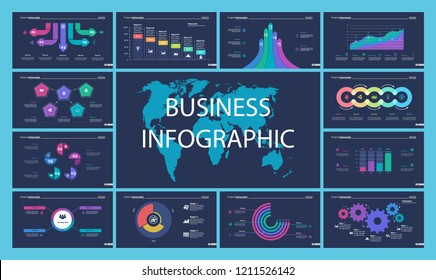 Business presentation slide template design set can be used for workflow layout, annual report, web design. Management concept. Line chart, bar graph, option chart, process chart, flowchart