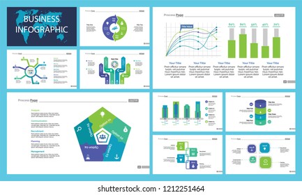 Business presentation slide template design set can be used for workflow layout, annual report, web design. Management concept. Line chart, bar graph, option chart, process chart, flowchart