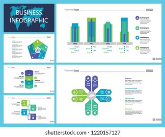 Business presentation slide template design set can be used for workflow layout, annual report, web design. Management concept. Line chart, bar graph, option chart, process chart, flowchart