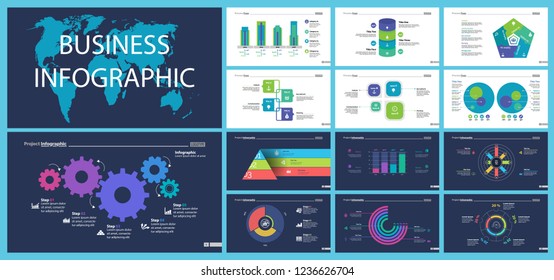 Business presentation slide template design set can be used for workflow layout, annual report, web design. Management concept. Line chart, bar graph, option chart, process chart, flowchart