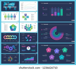 Business presentation slide template design set can be used for workflow layout, annual report, web design. Management concept. Line chart, bar graph, option chart, process chart, flowchart