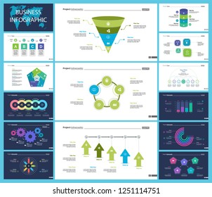Business presentation slide template design set can be used for workflow layout, annual report, web design. Management concept. Line chart, bar graph, option chart, process chart, flowchart