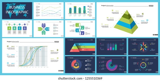 Business presentation slide template design set can be used for workflow layout, annual report, web design. Management concept. Line chart, bar graph, option chart, process chart, flowchart