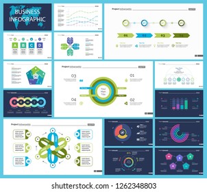 Business presentation slide template design set can be used for workflow layout, annual report, web design. Management concept. Line chart, bar graph, option chart, process chart, flowchart