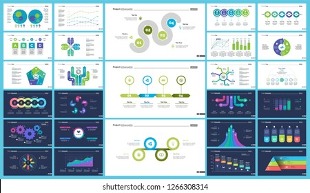 Business presentation slide template design set can be used for workflow layout, annual report, web design. Management concept. Line chart, bar graph, option chart, process chart, flowchart