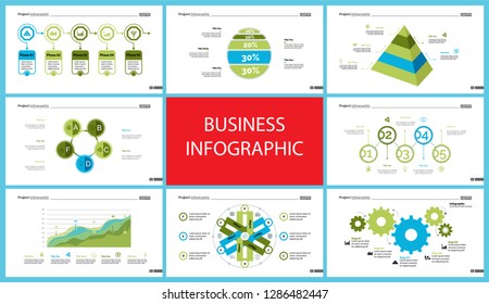 Business presentation slide template design set can be used for workflow layout, annual report, web design. Management concept. Line chart, bar graph, option chart, process chart, flowchart