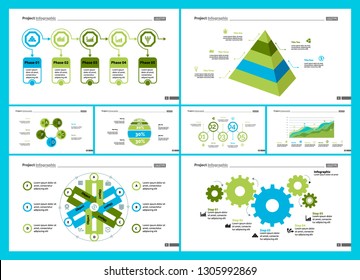 Business presentation slide template design set can be used for workflow layout, annual report, web design. Management concept. Line chart, bar graph, option chart, process chart, flowchart