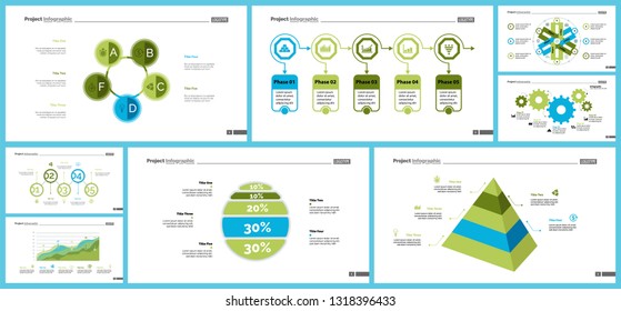 Business presentation slide template design set can be used for workflow layout, annual report, web design. Management concept. Line chart, bar graph, option chart, process chart, flowchart