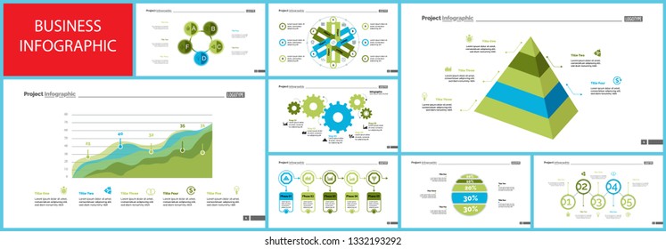 Business presentation slide template design set can be used for workflow layout, annual report, web design. Management concept. Line chart, bar graph, option chart, process chart, flowchart