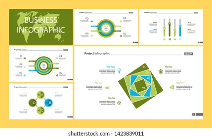 Business presentation slide template design set can be used for workflow layout, annual report, web design. Management concept. Line chart, bar graph, option chart, process chart, flowchart