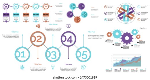 Business presentation slide template design set can be used for workflow layout, annual report, web design. Management concept. Line chart, bar graph, option chart, process chart, flowchart
