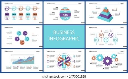 Business presentation slide template design set can be used for workflow layout, annual report, web design. Management concept. Line chart, bar graph, option chart, process chart, flowchart