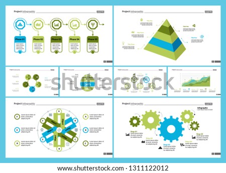 Business presentation slide template design set can be used for workflow layout, annual report, web design. Management concept. Line chart, bar graph, option chart, process chart, flowchart