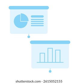 Business presentation slides with pie chart and bar graph.