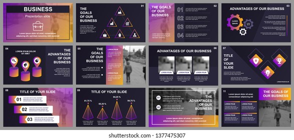 Business presentation slides templates from infographic elements. Can be used for presentation template, flyer and leaflet, brochure, corporate report, marketing, advertising, annual report, banner.