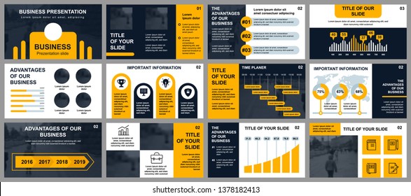 Business presentation slides templates from infographic elements. Can be used for presentation template, flyer and leaflet, brochure, corporate report, marketing, advertising, annual report, banner.