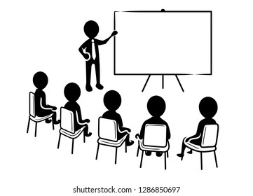 Business presentation: Speaker points to a blank white flipchart in front of a sitting spectators / black and white, vector, flat design