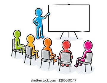 Business presentation: Speaker points to a blank white flipchart in front of a sitting spectators / Hatched vector drawing