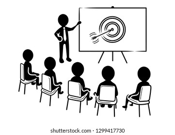 Business presentation: Speaker points to a flipchart with target icon in front of sitting spectators / black and white, vector, flat design