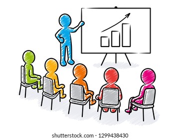 Business presentation: Speaker points to a flipchart with rising chart icon in front of sitting spectators / Hatched vector drawing
