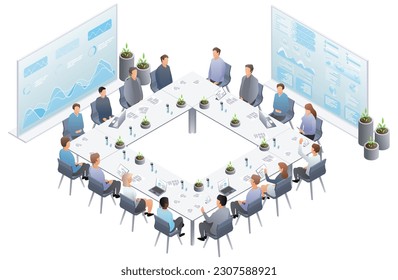 Business presentation, speech. Group job, teamwork presentation conference coworking workplace brainstorming and creative team work with new creative project. Vector isometric, 3d