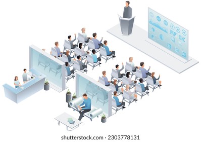 Präsentation von Unternehmen, Sprache. Teamwork Business Präsentation Konferenz Zusammenarbeit Arbeitsplatz Brainstorming und Diskussion isoliert. Indikatoren und Coaching. Vektorisometrie, 3D
