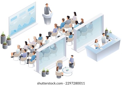 Business presentation, speech. Teamwork set with business presentation conference coworking workplace brainstorming and discussion isolated. Indicators and coaching. Vector isometric, 3d