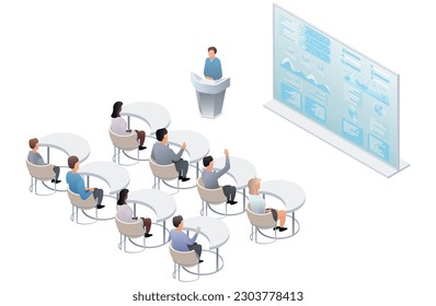 Business presentation, speech. Teamwork set with business presentation conference coworking workplace brainstorming and discussion isolated. Indicators and coaching. Vector isometric, 3d