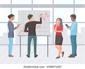 Business presentation startup ideas explanation vector, businessman with partners showing results and stats. Whiteboard with growing flowchart infochart