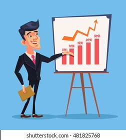 Business presentation. Successful businessman character. Business training. Vector flat cartoon illustration