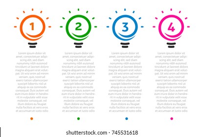 Business presentation, table with 4 lightbulbs timeline. Options number, ideas logo, steps icons. Vector Infographic element.