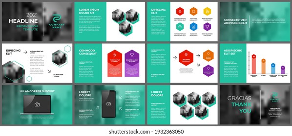 Business presentation template with 12 slides set, infographic element diagram with green color and hexagonal design, multipurpose layout for annual, corporate, marketing, advertising, report etc.