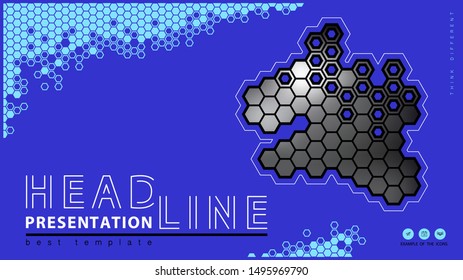 Business presentation template. Abstract background. Photo Frame Design. Used for posters, banner, advertising marketing. Hexagon and honeycomb, blue design. Flyer, annual report, vector illustration