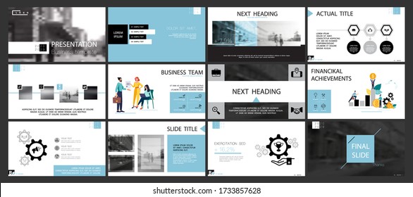 Business presentation template, blue and black infographic elements design on white background. Teamwork of people in the city. Use in presentations, corporate report, marketing, banner, annual report