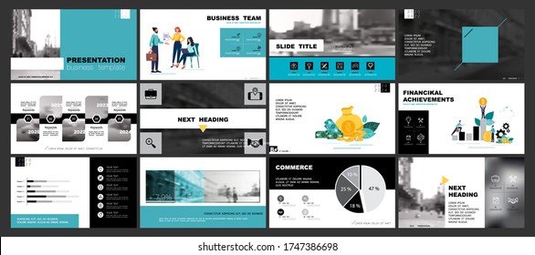 Plantilla de presentación empresarial, diseño de elementos infográficos azules y negros sobre fondo blanco. Trabajo en equipo de gente en la ciudad. Uso en presentaciones, informes corporativos, marketing, banner, informe anual
