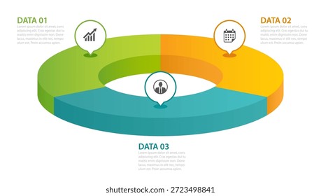 Plantilla de presentación de negocios con gráfico de diagrama circular de infografía moderna de datos 3 secciones coloridas.