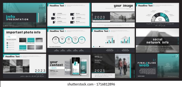 Business presentation template. Design green elements infographic for presentation. Gray background. People in the city. Use in flyers and postcards, marketing, advertising, annual report, web, Vector