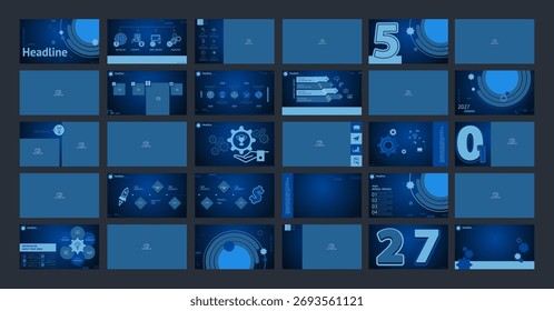 Business presentation template design. Set, infographic elements, abstract blue design, blue background. Financial, photo, PowerPoint. Slideshow, corporate, annual report, icons. Vector illustration