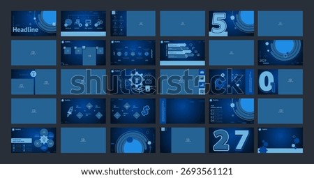 Business presentation template design. Set, infographic elements, abstract blue design, blue background. Financial, photo, PowerPoint. Slideshow, corporate, annual report, icons. Vector illustration