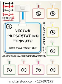 Business presentation template with different panels, hand drawn symbols and elements and custom font set