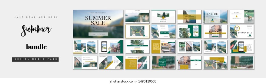 Business Presentation Template, Green And Gold Elements On White Background. Social Media Pack. Vector Slide Template For Business Project Presentations And Marketing. 