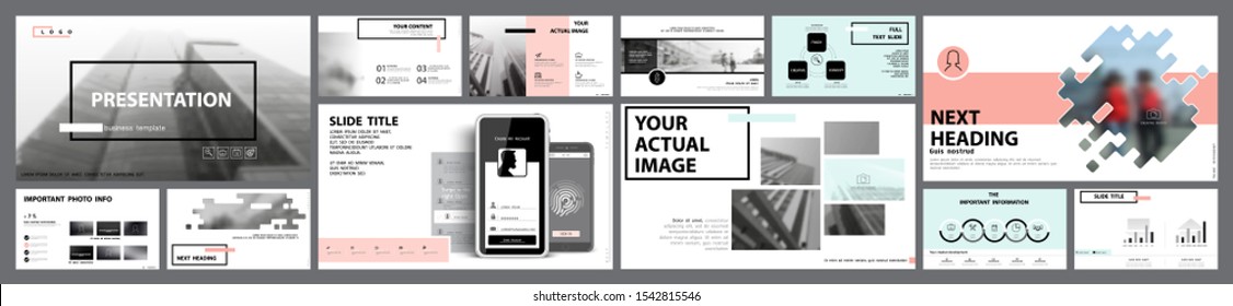 Business presentation template, green and pink infographic elements on white background. Houses, walking people around the city. Vector slide presentation of business projects and marketing.Accounting