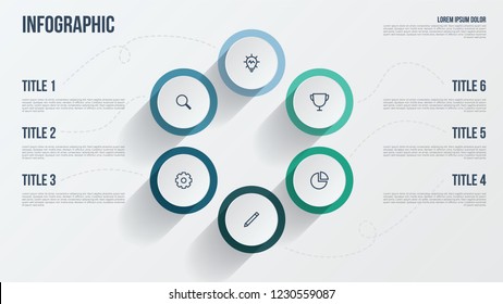 Business presentation template. Infographic element with 6 options, points, steps, processes, or parts. Data visualization template.