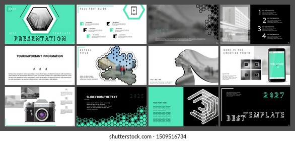 Business presentation template, infographic elements on white background. Vector slide, presentation of business projects and marketing.Hexagon turquoise design walking people in the city.Phone camera