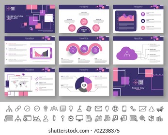 Business Presentation Template with infographics and web symbols. Abstract background with squares.