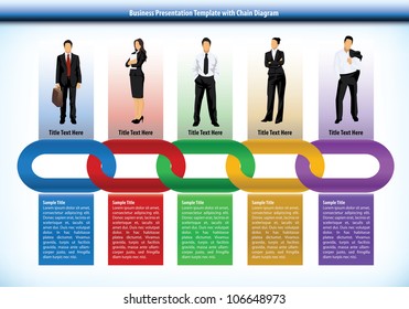 Business Presentation Template With Interlinked Colorful Chain With Each Link Representing A Different Persons Or Human Input With Corresponding Text Boxes Below