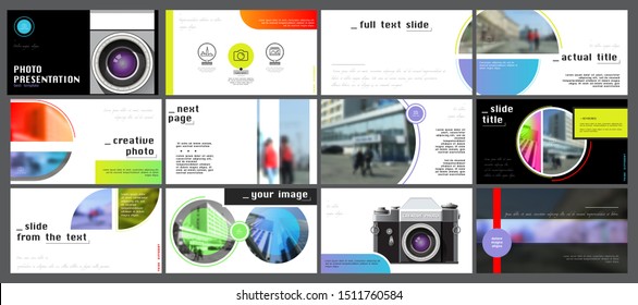 Business presentation template, multicolored infographic elements on white background. Camera, office, buildings, city, people. Vector slide, presentation of business projects and marketing, computer
