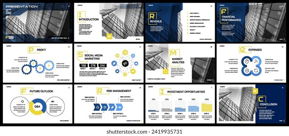 Business presentation template, Pitch deck layout. Infographic template with statistics finance charts. Infographics dashboard design.